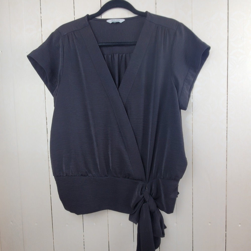 Nine West Short Sleeve Smocked Side Tie Blouse Charcoal Gray Pleated Back Top